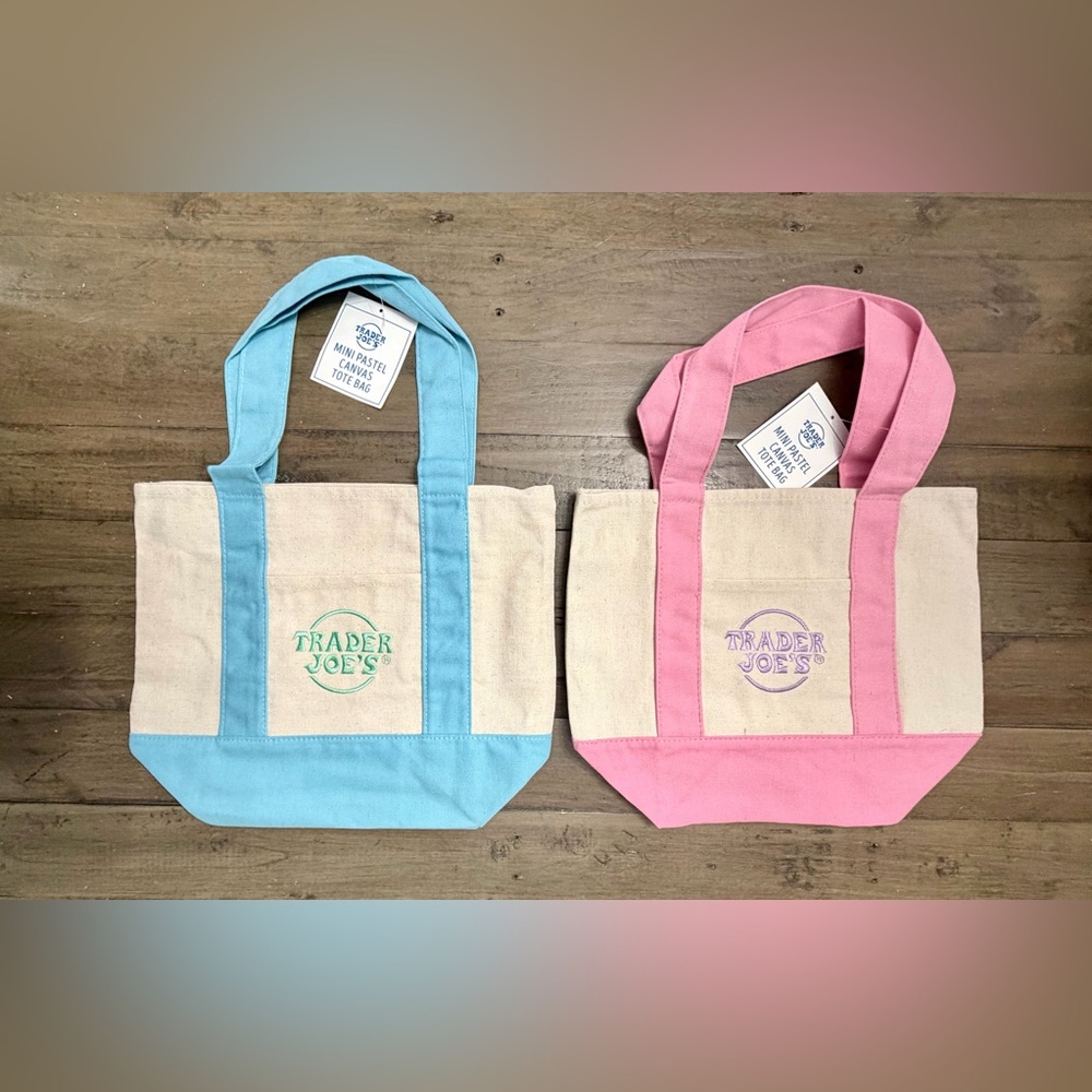 NWT Trader Joe’s Mini Canvas Tote Bundle - Pastel PINK & BLUE (Set of 2)